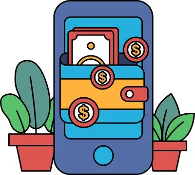 A cell phone with a wallet on it and a bunch of coins Stock Illustration