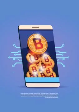 Cell Smart Phone With Bitcoins Stack Digital Web Money Crypto Currency Concep Stock Illustration
