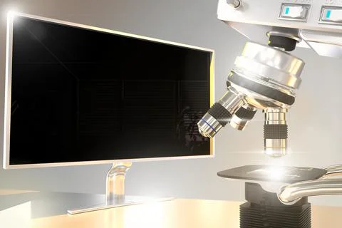 Cell study concept, microscope and monitor Stock Illustration