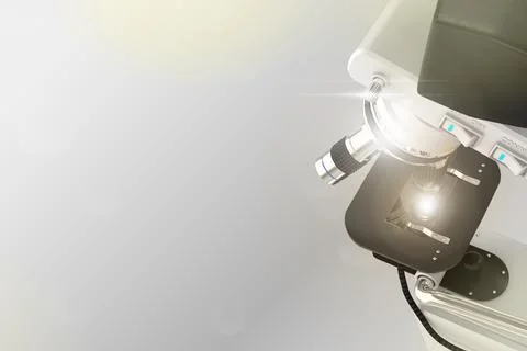 Cell study concept, microscope with flare on gradient background Stock Illustration