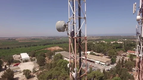 Cell technician working Antena Drone 4K Stock Footage 73501352