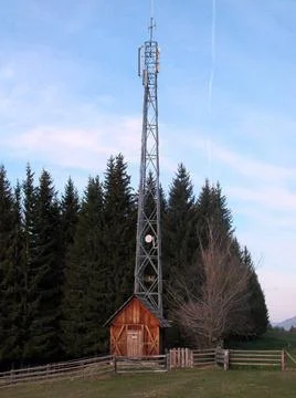 Cell tower and antennas in a mobile or cellular network in the countryside... Stock Photos