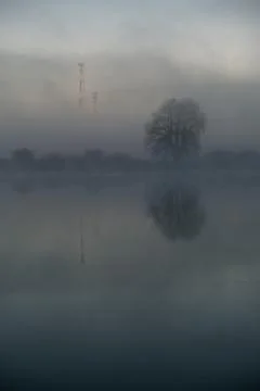 Cell tower and reflections in large ponds in foggy morning Stock Photos