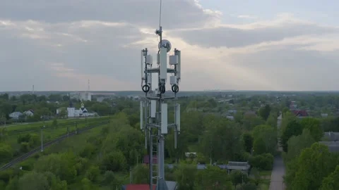 Cell tower antennas 3G, 4G, 5G, aerial shot Video stock 136684752