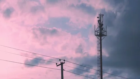 Cell Tower, Cellular GSM Tower with 3g, 5g Transmitter, Mobile Communication and Video stock 324497313