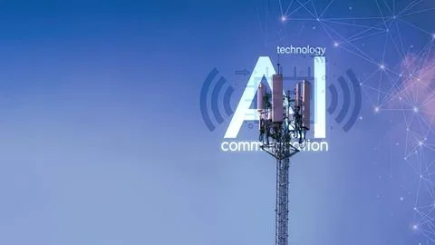 Cell tower with digital ai technology and communication signals Stock Photos