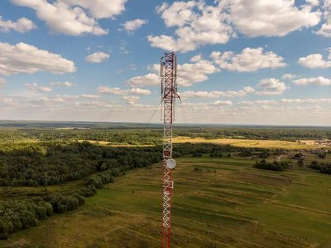 Cell tower in the forest, view from the drone Stock Photos