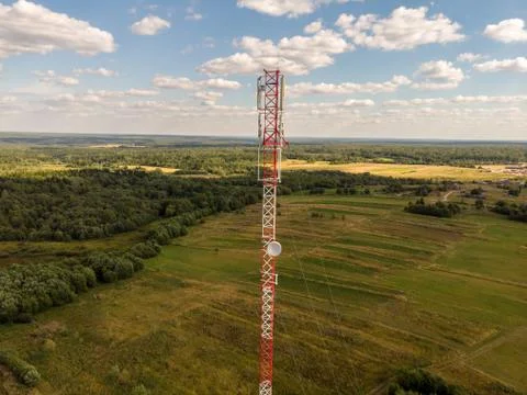 Cell tower in the forest, view from the drone Stock Photos
