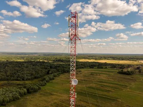 Cell tower in the forest, view from the drone Stock Photos