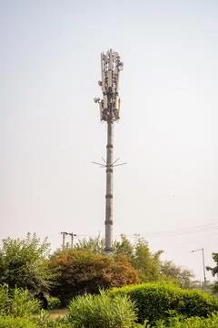 Cell Tower for Mobile Network and 5G Communication Infrastructure Stock Photos