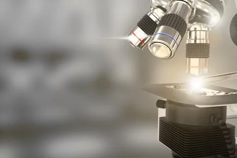 Cell work concept, microscope with flare on bokeh background Stock Illustration