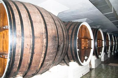 Cellar with barrels of wine Fotos de archivo