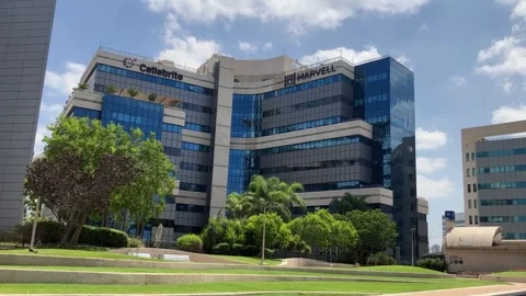 Cellebrite logo on a glass building. Stock Footage 247658797