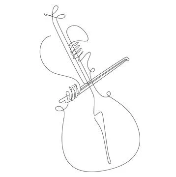 Cellist hands playing cello vector line, the bow on the strings cello closeup Stock Illustration