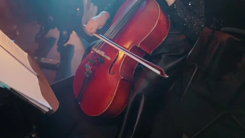 Cellist performing with a bow on stage, illuminated by soft lighting Stock Footage 289235205