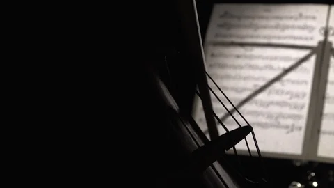Cello close up of bows carry on the back of the string sheets with notes. Side Stock Footage 99328833