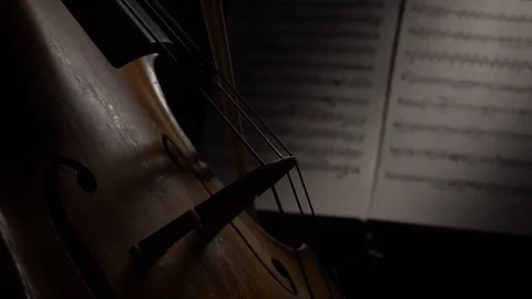 Cello close up of bows carry on the back of the string sheets with notes. Side Stock Footage 99329927