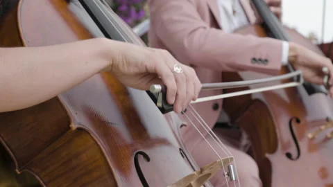 Cello ensemble playing classical music at an elegant outdoor wedding event. 库存影片 229836102