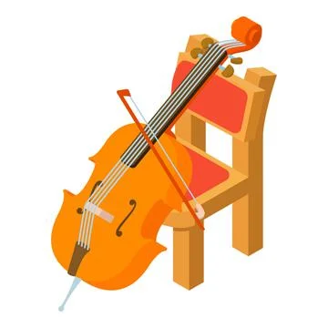 Cello icon isometric vector. Stringed musical instrument near wooden chair icon Stock Illustration