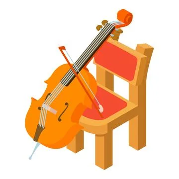 Cello icon isometric vector. Stringed musical instrument near wooden chair icon Stock Illustration