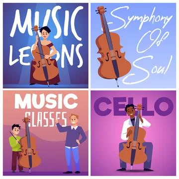 Cello music classes banners or posters bundle flat vector illustration. Stock Illustration