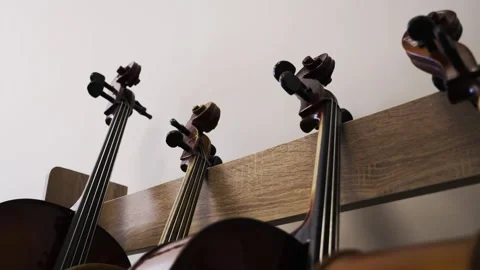 Cello necks displayed on rack demonstrate beauty of craftsmanship Видео 303106659