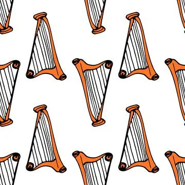 The cello pattern is orange. seamless pattern of an old musical stringed harp Stock Illustration