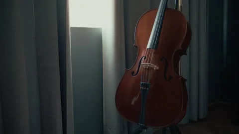 Cello on Stand next to a Window, Flowing Curtains, Natural Light, Cinematic, 6K Stock Footage 325463346