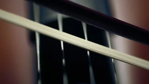 Cello strings and close-up bow in dark light. Playing on cello. Symphony Stock Footage 151191093