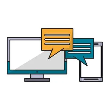 Cellphone and computer with speech bubble Illustrazione stock