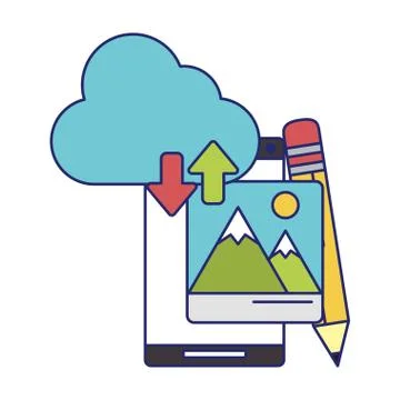 Cellphone with cloud transfer pencil blue lines Illustrazione stock