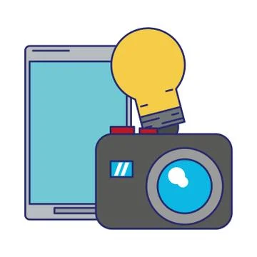 Cellphone with light bulb and camera blue lines Stock Illustration