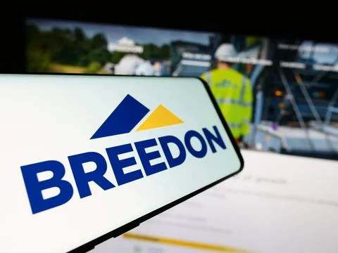  Cellphone with logo of British construction materials company Breedon Gro... Stock-Fotos