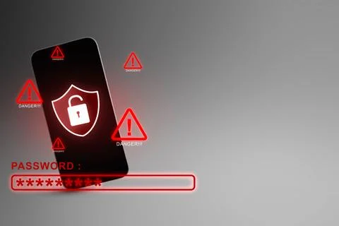 Cellphone with a shield and open padlock icon, surrounded by danger signs, .. Stock Illustration