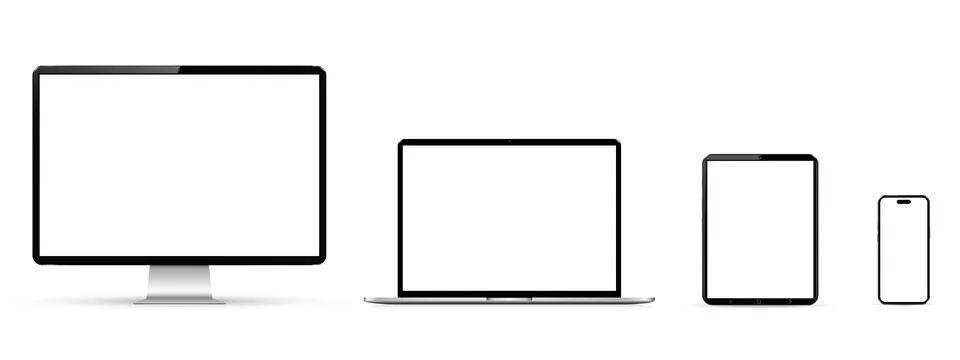 Cellphone, tablet, laptop and computer monitor with blank screen mockup Stock Illustration
