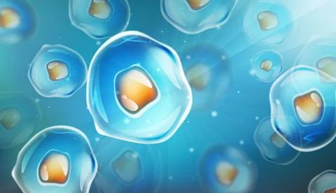 Cells under a microscope. Research of stem cells. Cellular Therapy. Cell Stock Illustration