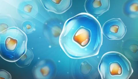 Cells under a microscope. Research of stem cells. Cellular Therapy. Cell Illustrazione stock