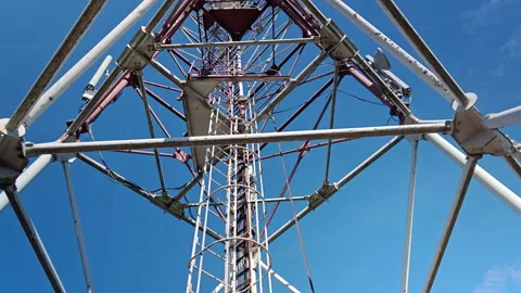 Cellular LTE antenna and microwave dish on tower with mountains Stock Footage 337953029
