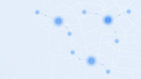 Cellular mesh network diagram linking broadcasting antennas on blue street plan Stock Illustration
