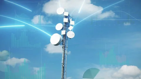 Cellular network signal tower on green meadow sends out data. 動画素材 145263559