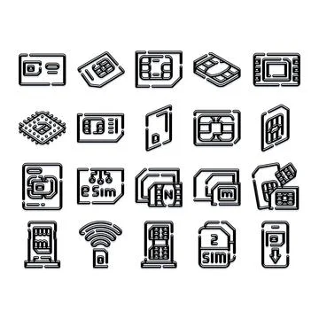 Cellular network sim card esim accessories glyph icons Stock Illustration