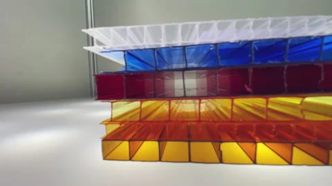 Cellular polycarbonate samples pile on white podium macro Stock Footage 234318509