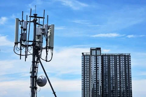 Cellular Radio Tower with Cloudy Sky. Stock Illustration