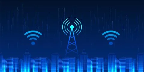 Cellular technology is located in a smart city with wifi icon. A smart city.. Иллюстрация