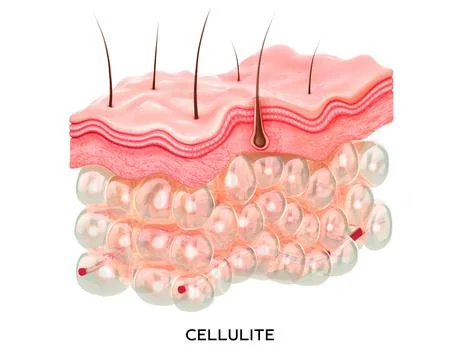 Cellulite skin cross-section layers. 3d illustration medical concept. Fat cells Stock Illustration