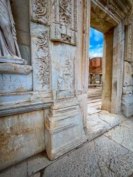 Celsus Library Archway Frames Azure Sky Amid Carved Marble in Ephesus Stock Photos