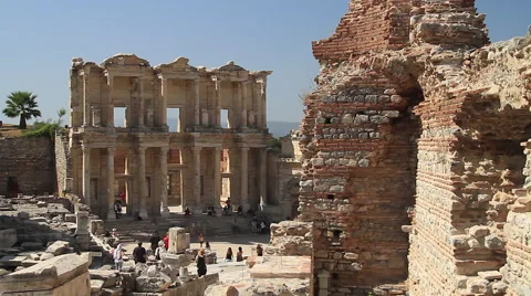 Celsus Library (Celcius Library) with ruins in foreground Stock Footage 42153360
