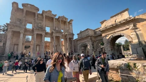 Celsus Library in Ephesus Ancient City. Popular tourism destination Stock Footage 246481673