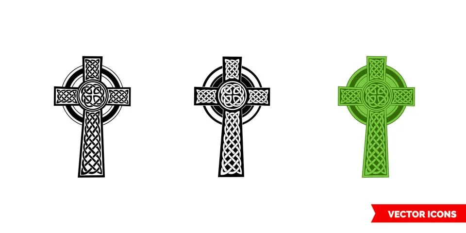 Celtic cross icon of 3 types color, black and white, outline. Isolated vector Stock Illustration