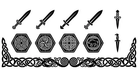 Celtic inspired sword and shield set featuring intricate knotwork designs a.. Stock-Illustration